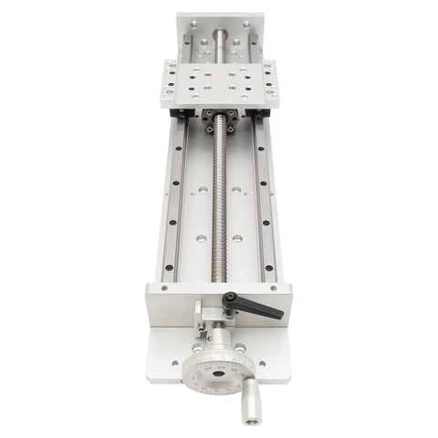 Heavy Duty Aviation Aluminum 6061 Three Axis Sliding Table With 16 Inch Ball Screw Linear Stage top view showing precision components and dial.
