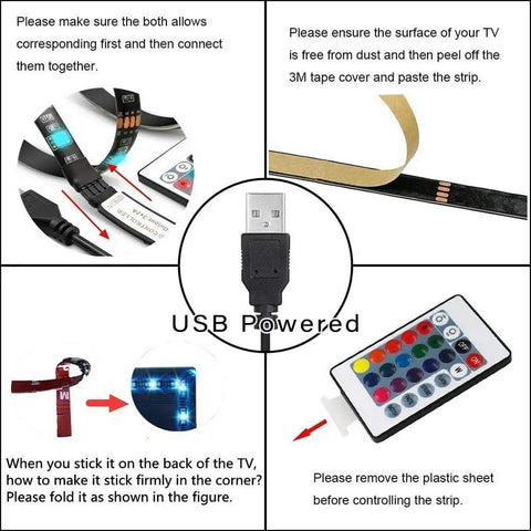 Instructions for USB LED Strip Lights With 24 Keys Remote 5050 RGB Color Changing 6.56 Feet 2 Meters setup and installation.