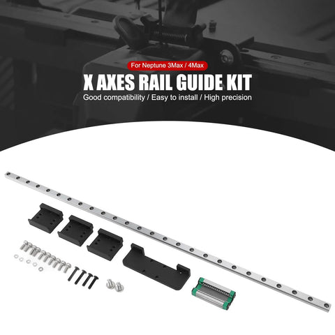 X-axis components of Linear Rail Guide Kit For Neptune 3 MAX And Neptune 4 MAX Upgrade shown with steel rail and mounting parts.