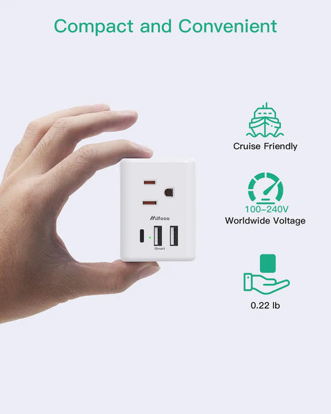 Person holding Six In One European Travel Plug Adapter With USB Ports And Type C Power For US To Europe against a white background