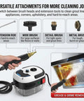 Powerful 2500W Handheld High Temperature Pressurized Steam Cleaner for Kitchen Grease Removal and Bathroom Tile Cleaning Multi Surface Portable Boss Level Cleaning Machine with Adjustable Nozzle Large Capacity Tank Hose Brush Kit displayed with attachments and uses