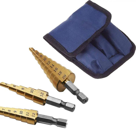 Pro Grade High Speed Steel Titanium Step Drill Bit Set with Quick Change Quarter Inch Hex Shank, 3 Piece in blue case