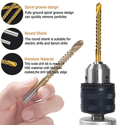 8 Piece Titanium Coated HSS Twist Drill Bit Set Featuring Serrated Side Cutting Edge, spiral groove designed for efficient cutting.