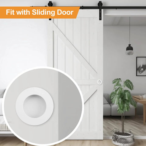4 Pack White Round Recessed Cabinet Handles 65mm Stainless Steel Sliding Door Pulls installed on a white sliding door with plant