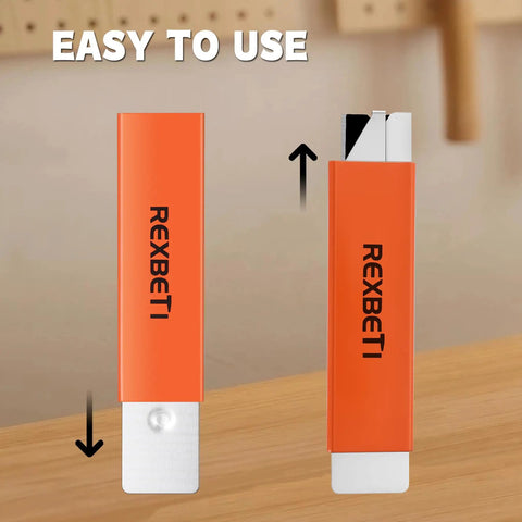 12 Pack Retractable Box Cutter Set With Sharpened Antirust Carbon Steel Blades, showing retractable function and orange casing.