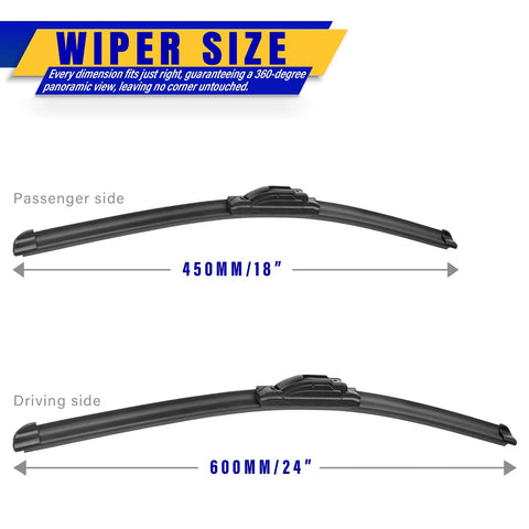 Diagram showing sizes of 24 Inch And 18 Inch Front Windshield Wiper Blades Replacement For Kia with measurements in millimeters.