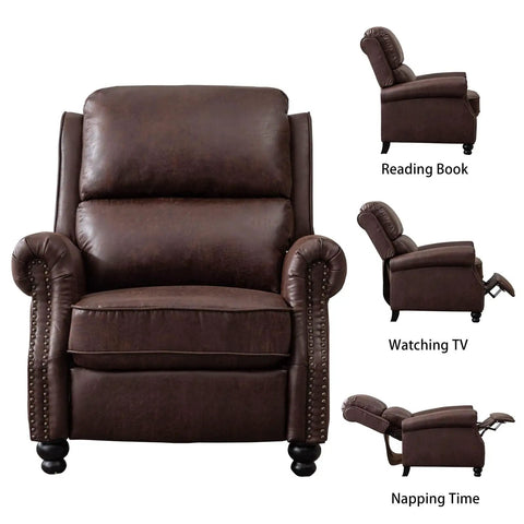Pushback Recliner Chair With Faux Leather Upholstery And Rivet Detailing, comfy single sofa in reddish brown showing different reclining positions