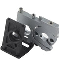 Brushless motor mounting holder for 1/8 RC car; gray aluminum motor mount with black plastic base, angled front view