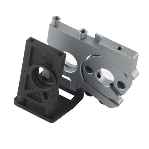 Brushless motor mounting holder for 1/8 RC car; gray aluminum motor mount with black plastic base, angled front view