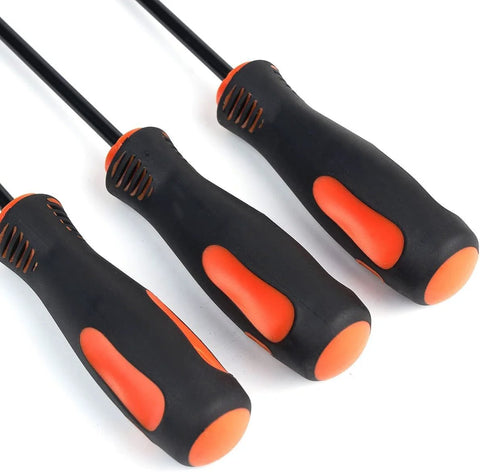 Three-piece precision screwdriver set with black handles and orange rubber grips, angled view.