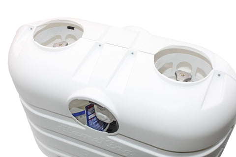 Dual 20Lb Propane Tank Cover For RV And Travel Trailer Heavy Duty White Plastic With Side Access Port And Individual Top Hatches