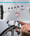 Instructional image showing assembly of 4 pack bike brake pads for city, road, and mountain bikes with Allen wrench included.