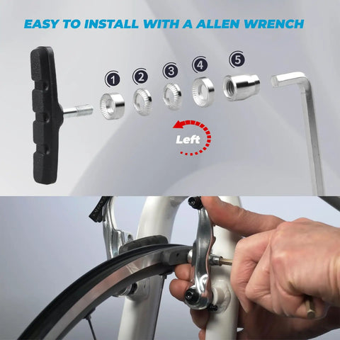 Instructional image showing assembly of 4 pack bike brake pads for city, road, and mountain bikes with Allen wrench included.