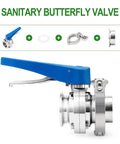 Butterfly valve, 4-inch stainless steel with blue lever handle; tri-clamp ferrule flange kit with gasket and clamps.