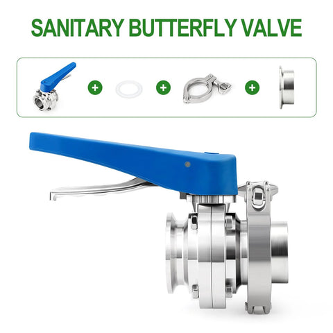Butterfly valve, 4-inch stainless steel with blue lever handle; tri-clamp ferrule flange kit with gasket and clamps.