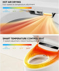 Premium Smart Toilet With Built In Bidet, Tankless Heated Seat, Aggressive Flush System, And Warm Water Spray for seat temperature control settings.