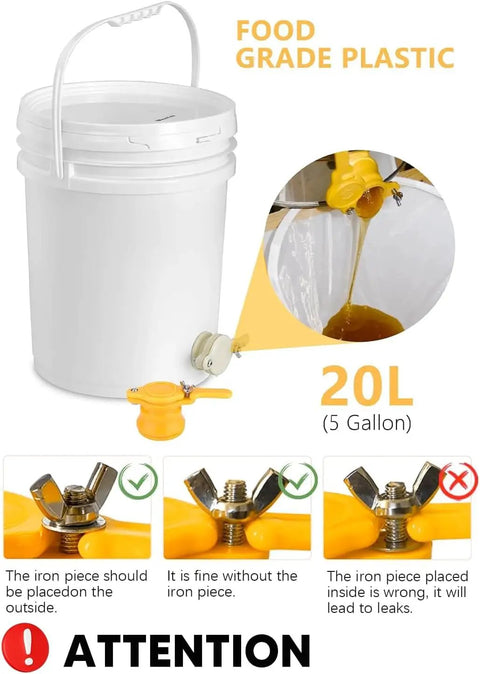 5-gallon food-grade plastic bucket with spout from All In One Honey Extractor Kit And Harvest Gear For Easy Harvesting.