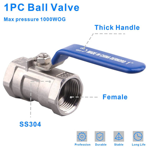 Stainless Steel 1 Inch Ball Valve NPT Standard Port For Water Oil Gas Built Tough Serviceable 1PC Valve, blue handle, female threads.