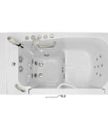 Top view of 30X52 wheelchair accessible transfer walk-in tub with hydro microbubble jets and fast fill faucet.