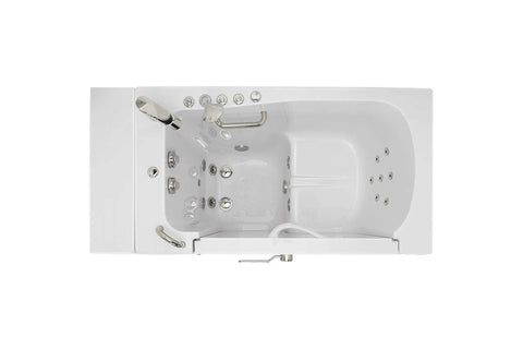 Top view of 30X52 wheelchair accessible transfer walk-in tub with hydro microbubble jets and fast fill faucet.