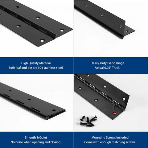 Two Pack Heavy Duty Black Piano Hinges 16 Inch Continuous Stainless Steel Pre Drilled Hardware For Cabinet Workbenches And Shop Doors showing hinge details and included screws.