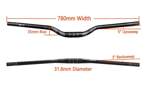 Riser Handlebar For Mountain Bikes Trail Ready Beefy Aluminum 6061 Alloy 31.8mm Clamp 780mm Wide 35mm Rise Lightweight Durable MTB Bar Hard Anodized Black, side view with dimensions.
