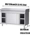 Heavy Duty Stainless Steel Prep Table With Cabinet And Splash Guard Slick Commercial Kitchen Workbench Built Like A Tank For Restaurants Or Garages with dimensions.