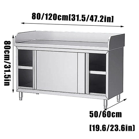 Heavy Duty Stainless Steel Prep Table With Cabinet And Splash Guard Slick Commercial Kitchen Workbench Built Like A Tank For Restaurants Or Garages with dimensions.
