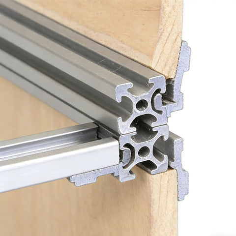 Heavy Duty Aluminum Shelf Brackets For 2020 3030 4040 T Slot Extrusions showing wall mount detail and alignment with wood.