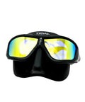Black frame low volume freedive mask for freediving, spearfishing, and snorkeling with tinted lenses and 180 degree panoramic vision.
