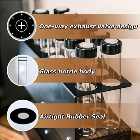 Transform Your Counter Into A Lowkey Essential Coffee Bar With This Badass 2 Tier Organizer Stand Built On Solid Wood And Carbon Steel Frame Holds 12 Airtight Bean Canisters One Way Valves Plus Pour Funnel featuring canisters with one-way valves and airtight rubber seals.