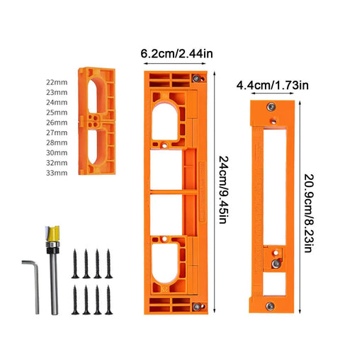 Adjustable Concealed Hinge Router Template For Seamless Cabinet Doors And Reusable Woodworking Guides with orange sizing blocks.