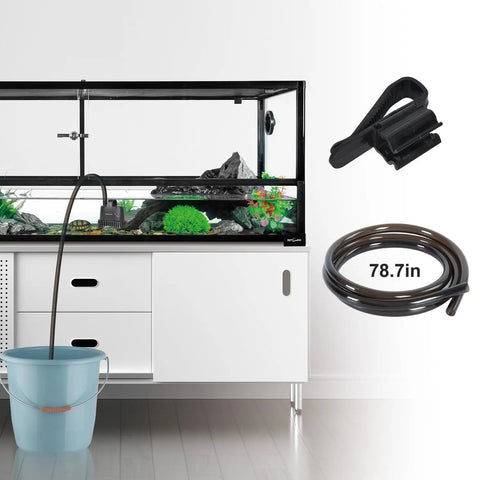Low Water Level Drain Pump 243 GPH 26W Submersible With Bottom Suction for Tanks shown with tubing and clips, aquarium setup
