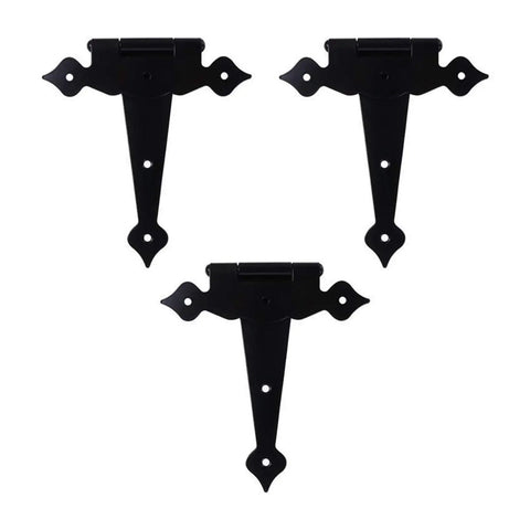 Heavy Duty T Shaped Black Door Hinges Set Of 3 With Flower Decorative Strap Hinges, 16x13x1cm, for Barn Doors and Gates