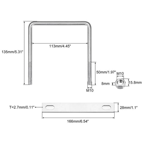 Detailed dimensions of Square U Bolts With Nuts And Plates For Boat Trailers, 113mm Inner Width And 135mm Total Length, M10 Stainless Steel U Clamp Bolts
