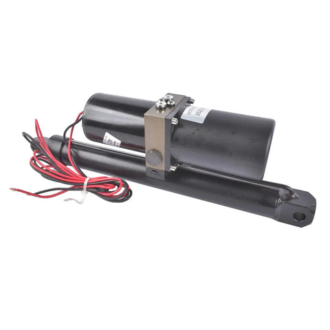 12V Hydraulic Linear Actuator 8000N 1700Lbs Heavy Duty, 12 inch stroke, side view of black actuator with red cables.