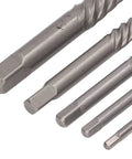 Heavy Duty 10 Piece Screw Extractor Set With Left Hand Drill Bits Perfect For Breaking Loose Stripped Or Broken Screws In Metal And Wood Surfaces Including CR MO Spiral Flute Bits Plus Storage Box For Easy Garage And Shop Jobs close-up of HSS steel extractors