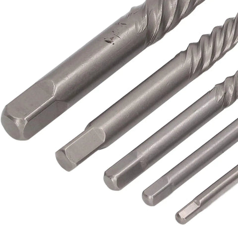 Heavy Duty 10 Piece Screw Extractor Set With Left Hand Drill Bits Perfect For Breaking Loose Stripped Or Broken Screws In Metal And Wood Surfaces Including CR MO Spiral Flute Bits Plus Storage Box For Easy Garage And Shop Jobs close-up of HSS steel extractors