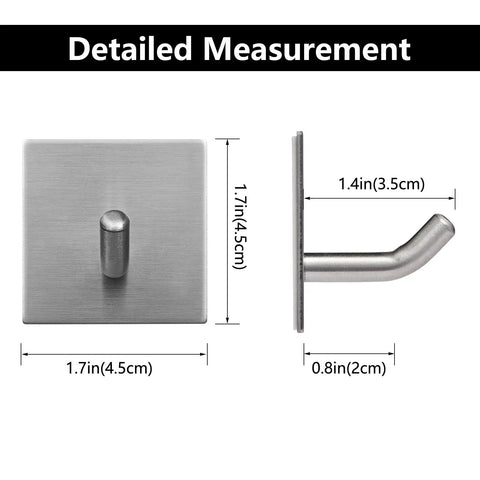 Detailed measurement of Heavy Duty Self Adhesive Hooks No Drill Wall Hangers Stick On Stainless Steel Holders, 6 pack, silver.