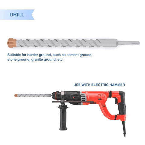 SDS-Plus rotary hammer drill bit, 1-3/8 in, with orange tip; red corded hammer drill pictured beside it