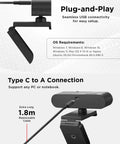 Straight Up 1080p FHD Webcam With USB C Connectivity And Windows Hello Face Login showing plug-and-play design and 1.8m cable.
