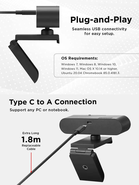Straight Up 1080p FHD Webcam With USB C Connectivity And Windows Hello Face Login showing plug-and-play design and 1.8m cable.