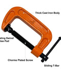 2 Inch C Clamp Set, Four Heavy Duty Steel C Clamps For Woodworking, Welding, And Building Projects, Industrial Strength With Anti Rust Finish, Non Slip Screws, 1 Inch Throat, Durable Orange Finish For A Reliable Grip. Orange cast iron C clamp with swivel pad and T-bar screw