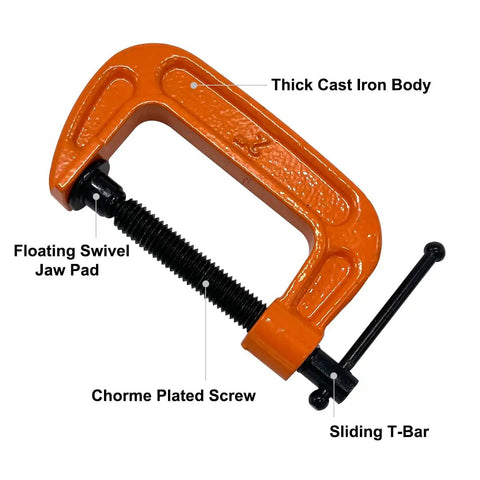 2 Inch C Clamp Set, Four Heavy Duty Steel C Clamps For Woodworking, Welding, And Building Projects, Industrial Strength With Anti Rust Finish, Non Slip Screws, 1 Inch Throat, Durable Orange Finish For A Reliable Grip. Orange cast iron C clamp with swivel pad and T-bar screw