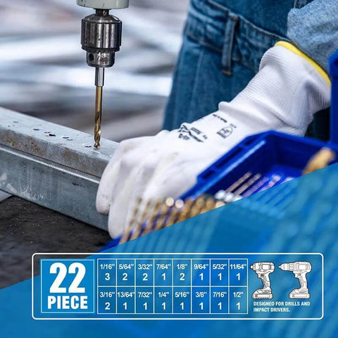 Front view of HIGHFIRE 22-piece hex shank drill bit set for impact drivers; titanium-coated HSS bits in blue packaging.