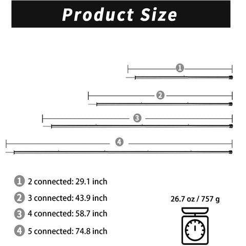 Adjustable Telescopic Tarp Poles For Camping And Hiking product size chart, showing four lengths and weight of 757g.