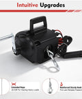Heavy Duty Electric Winch 6000 Lbs Pulling Power For Trailers And Trucks With 12V 300W Motor showing 29.53ft rope and sturdy hook.