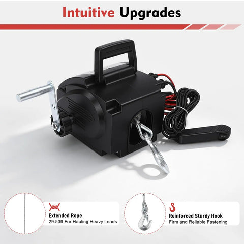 Heavy Duty Electric Winch 6000 Lbs Pulling Power For Trailers And Trucks With 12V 300W Motor showing 29.53ft rope and sturdy hook.