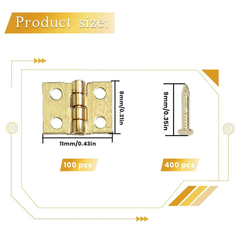 100 Pack Mini Brass Hinges For Jewelry Boxes And Small Cabinets, 180 Degree Rotation Gold Butt Hinges, size details shown