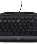 Certified Refurbished Gaming Keyboard With Bright Blue Backlight And Six Programmable Keys, black with blue keys, top view.